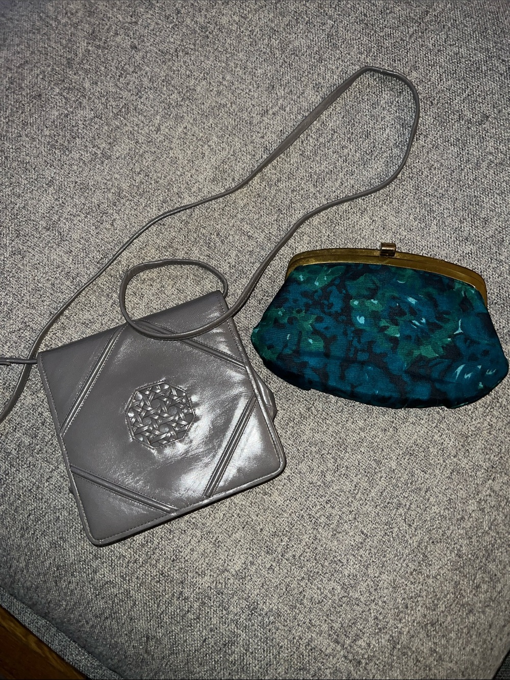 Vintage Grey Leather Barbara Bolan Crossbody Bag and Vintage Clutch